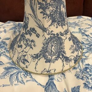 Blue and White Toile Lampshade 2 window valances and 2 pillow shams like new.